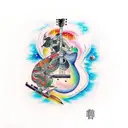 playing guitar while sitting on edge of galaxy tattoo design idea