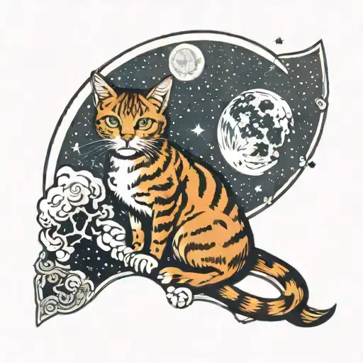 Tattoo of a cat sitting on the moon looking up at the sky with the Taurus constellation symbol tattoo design idea
