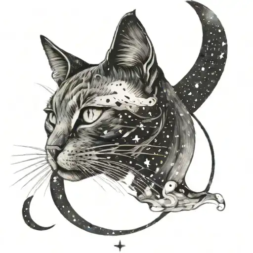Tattoo of behind a cat sitting on the moon and looking up with the Taurus constellation symbol at the sky tattoo design idea