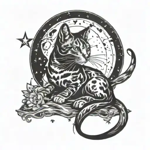 Tattoo of a cat sitting on the moon looking up at the sky with the Taurus constellation symbol tattoo design idea