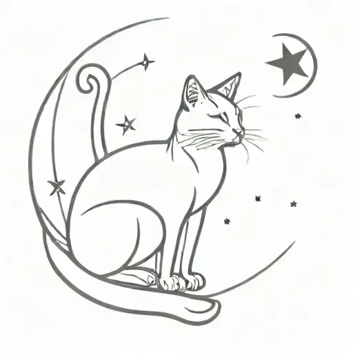 Tattoo of a cat sitting on the moon looking up at the sky with the Taurus constellation symbol tattoo design idea