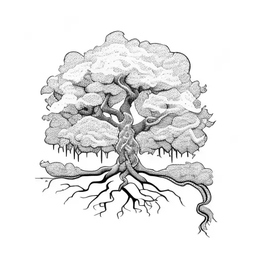 A majestic oak tree with intricate roots intertwined with the word 'Survivor' in a bold font tattoo design idea