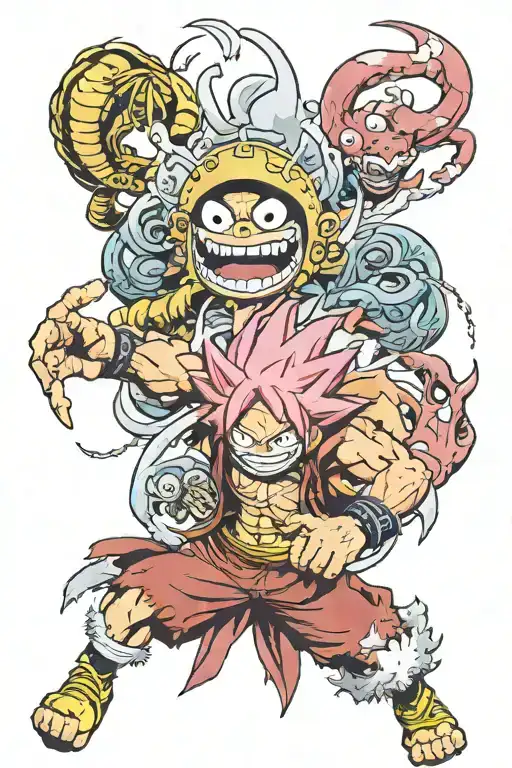 ichigo half hollown mask, luffy gear 5 and natsu dragoneel from fairy together and ready to attack tattoo design idea
