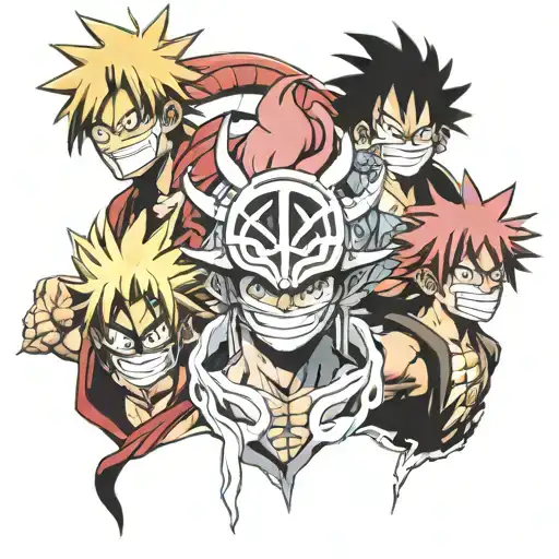 ichigo half hollow mask it luffy gear 5 and natsu dragoneel all 3 characters together tattoo design idea