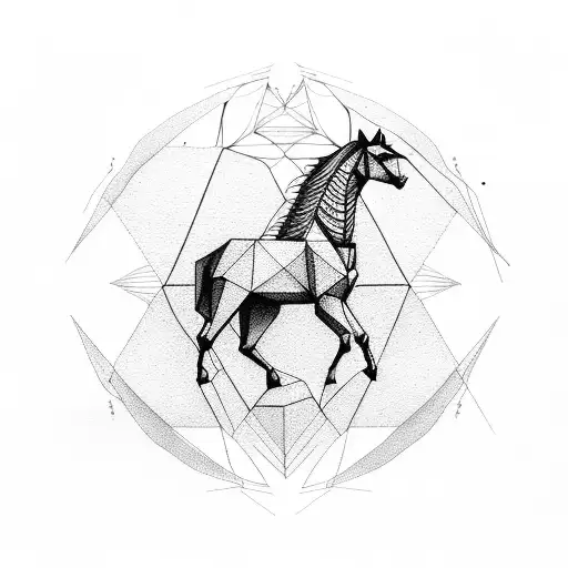 half geometric horse with nature araucaria wind rose tattoo design idea