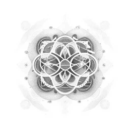 A blackwork tattoo featuring a stylized depiction of Einstein's famous equation E=mc² integrated with geometric patterns, encircling the existing black flower on the neck tattoo design idea