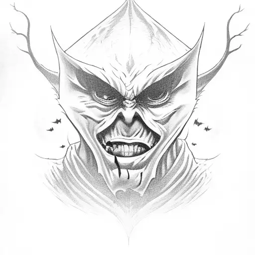 An evil priest grinning in a dark forest surrounded by bats tattoo design idea