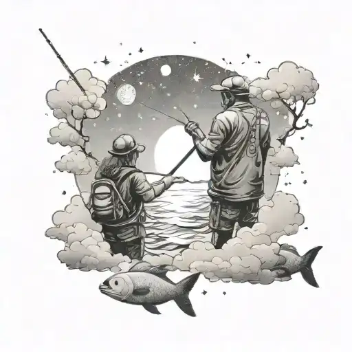 A father-daughter duo fishing together under a starry sky with angelic clouds above tattoo design idea