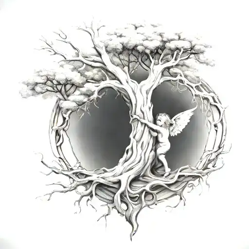 A tree with the name 'Azalia' carved into the trunk, with a baby angel sitting on a branch fishing  tattoo design idea