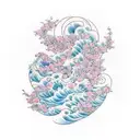water wave with the going Mary flowing inside with cherry blossoms and Hawaiian flowers  tattoo design idea