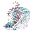 water wave with the going Mary flowing inside with cherry blossoms and Hawaiian flowers  tattoo design idea