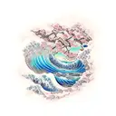water wave with the going Mary flowing inside with cherry blossoms and Hawaiian flowers  tattoo design idea