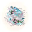 water wave with the going Mary flowing inside with cherry blossoms and Hawaiian flowers  tattoo design idea