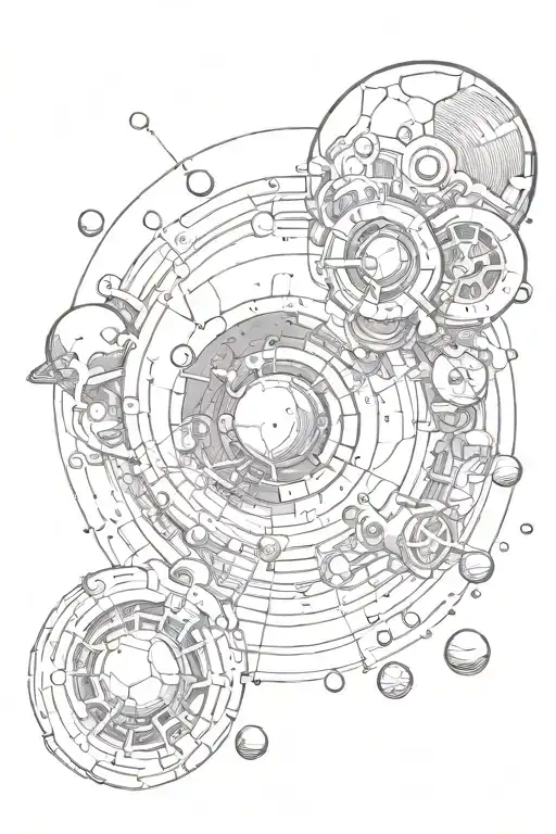worme hole sucking in tractories of particles in ionising chamber on one side and other side of spiting out planets tattoo design idea