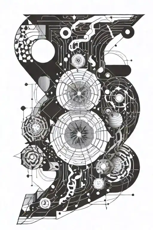 worme hole sucking in tractories of particles in ionising chamber. other side of spiting out planets tattoo design idea