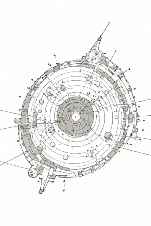 worme hole sucking in tractories of particles in ionising chamber on one side and other side of spiting out planets tattoo design idea