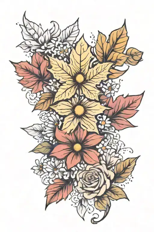 Maple Leaf, Rose and Daisy tattoo design idea