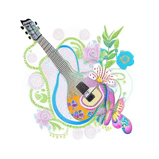 A guitar with braided strings surrounded by flowers and butterflies tattoo design idea