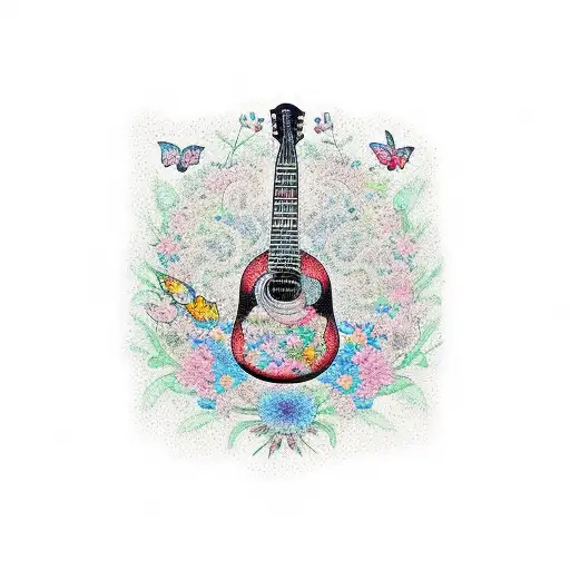 A guitar with braided strings surrounded by flowers and butterflies tattoo design idea