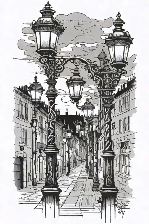 28 lamp posts on the long street night tattoo design idea