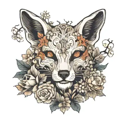 a fox skull surrounded by flowers tattoo design idea
