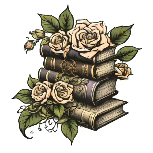 stack of books with flowers growing over them  tattoo design idea