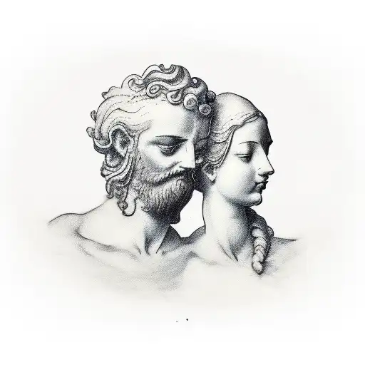 A minimalist tattoo of two antique statues holding hands, portraying the client's passion for communication and human connection. tattoo design idea