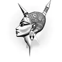 Nefertiti's face adorned with blackwork hieroglyphics tattoo design idea