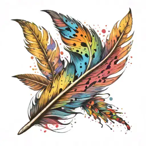rainbow paint splattered feather tattoo design idea