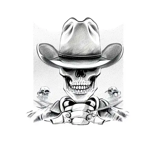two skeletons wearing cowboy hats riding horses looking into sunset fist bumping from rear point of view tattoo design idea