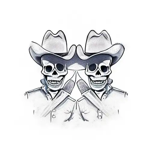 two skeletons wearing cowboy hats riding horses looking into sunset fist bumping from rear point of view tattoo design idea