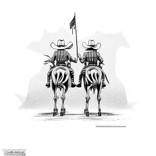 wo skeletons wearing cowboy hats riding horses looking into sunset fist bumping from rear point of view. fine line black tattoo design idea