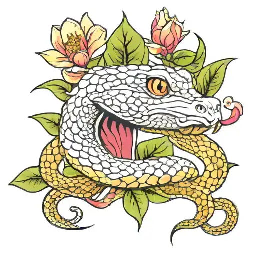 horned viper with magnolia flower, jellybeans, and a paintbrush tattoo design idea