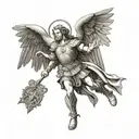 woodcut image of st Michael slaying satin tattoo design idea