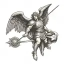 woodcut image of st Michael slaying satin tattoo design idea