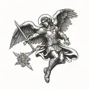 woodcut image of st Michael slaying satin tattoo design idea