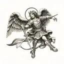 woodcut image of st Michael slaying satin tattoo design idea