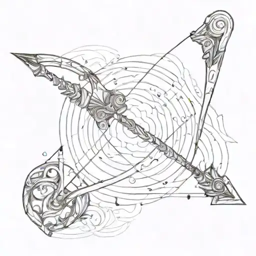 A minimalist sketch of a bow and arrow with a subtle nod to Airavata in the background tattoo design idea