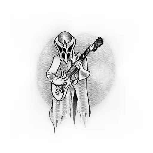 A blackwork tattoo of a ghostly figure playing a guitar, inspired by the band Ghost, representing the client's love for music. tattoo design idea
