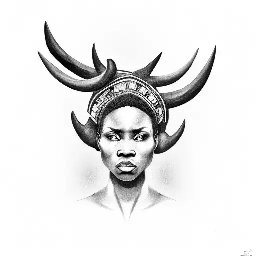 african woman with buffalo horn in her head tattoo design idea