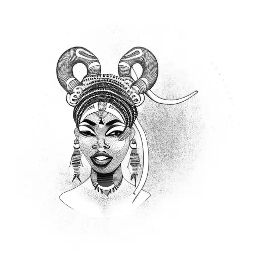 african woman with buffalo horn in her head tattoo design idea