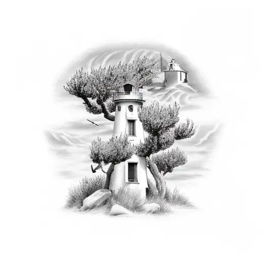 Lighthouse in a olive trees land tattoo design idea
