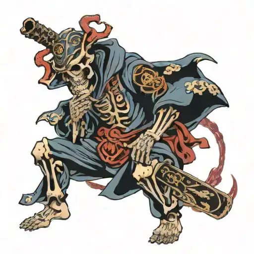 skeleton samurai smoking cigarrete in robe with sword sheathed   tattoo design idea
