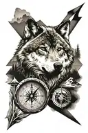 wolf, mountain, compass and arrow tattoo design idea