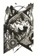 wolf, mountain, compass and arrow tattoo design idea