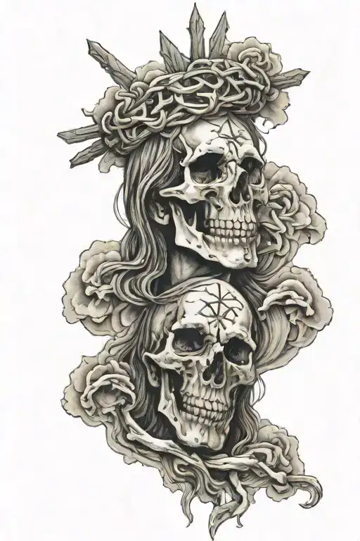 Skull and dark clouds surrounding Jesus stripped tattoo design idea