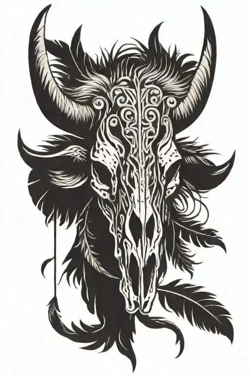 bison skull with feather tattoo design idea