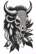 bison skull with feather tattoo design idea