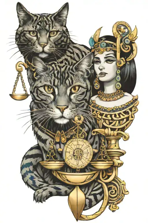 libra sign with cat and egyptian god, lesbian identity tattoo design idea