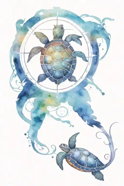 compass, turtle swimming tattoo design idea